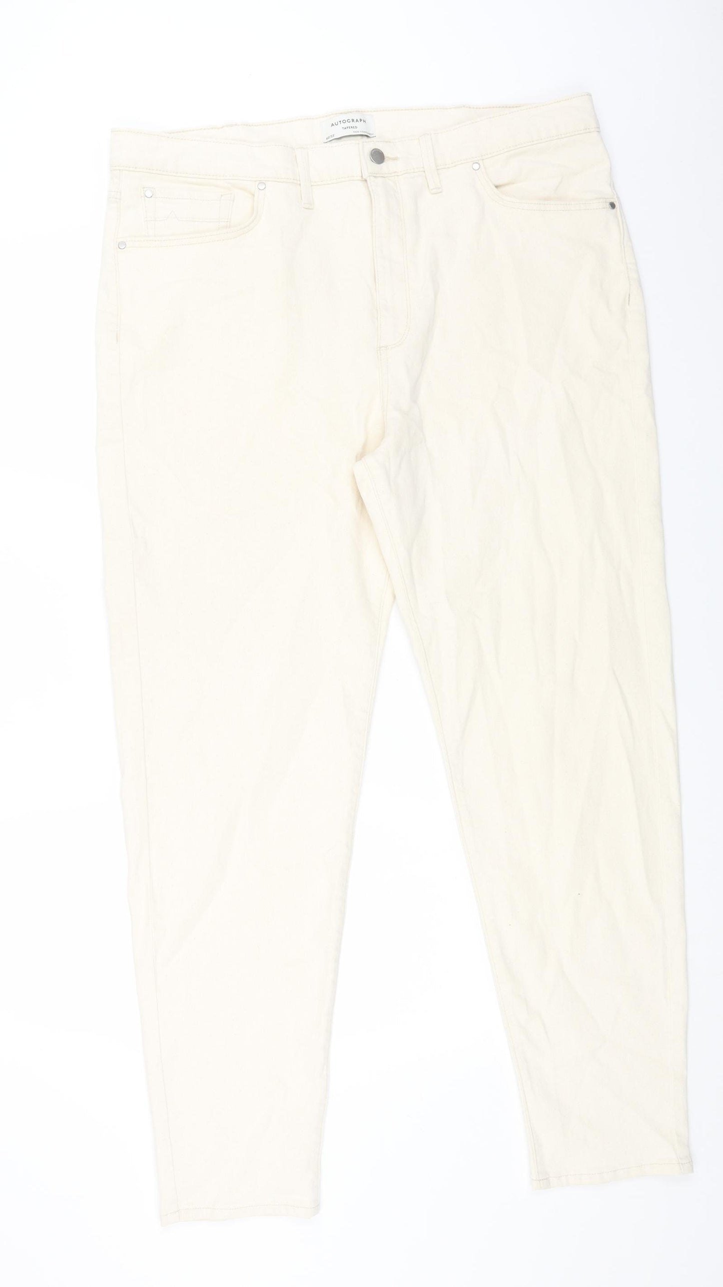Marks and Spencer Mens Beige Cotton Tapered Jeans Size 40 in L35 in Regular Button