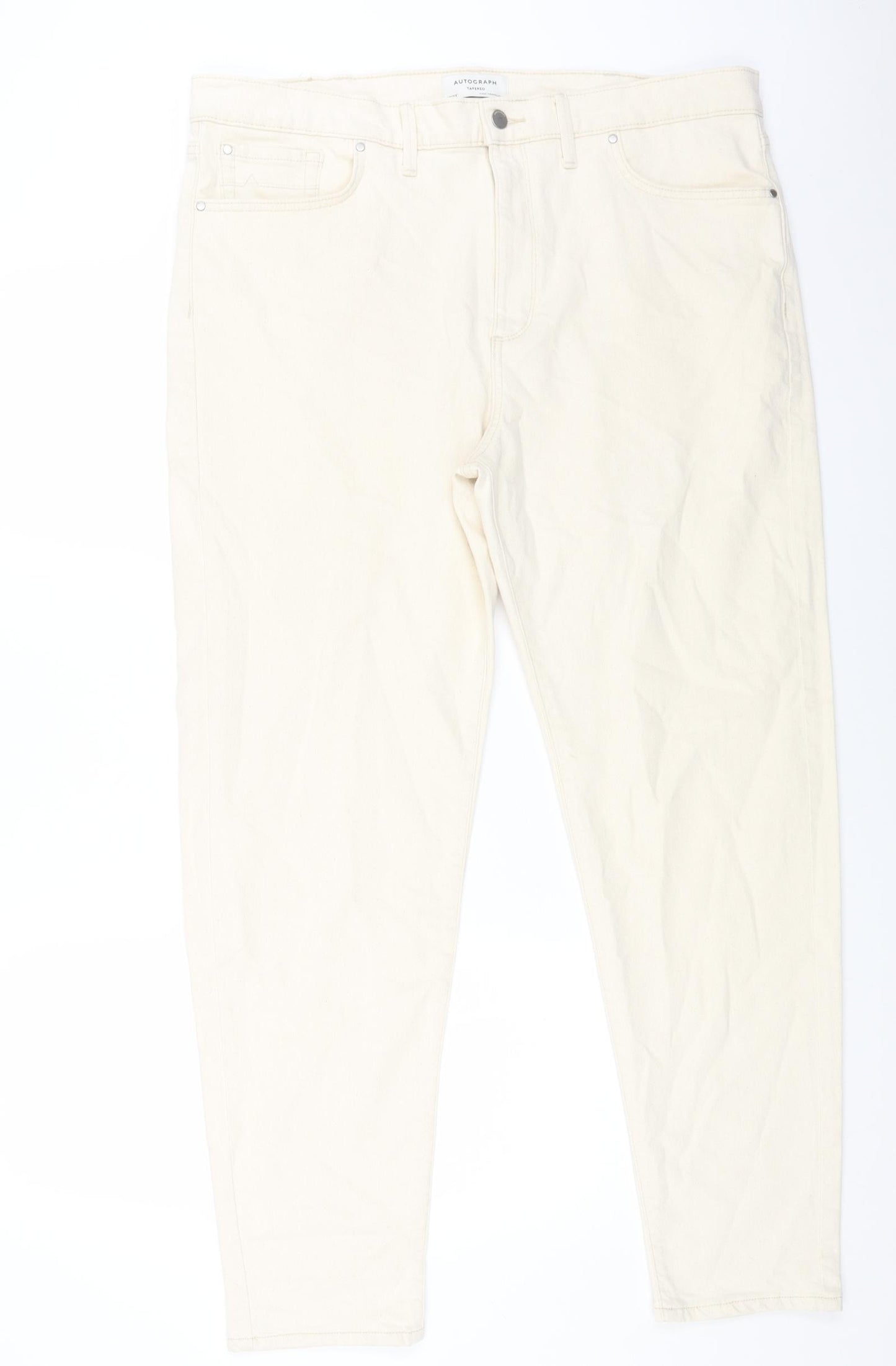 Marks and Spencer Mens Beige Cotton Tapered Jeans Size 40 in L33 in Regular Button