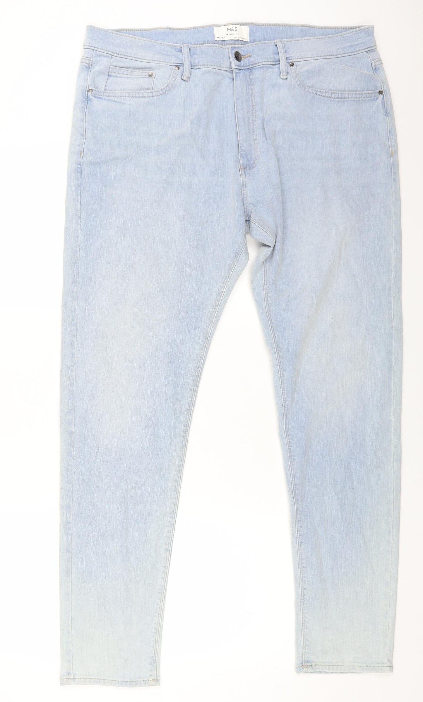 Marks and Spencer Mens Blue Cotton Skinny Jeans Size 38 in L33 in Regular Button