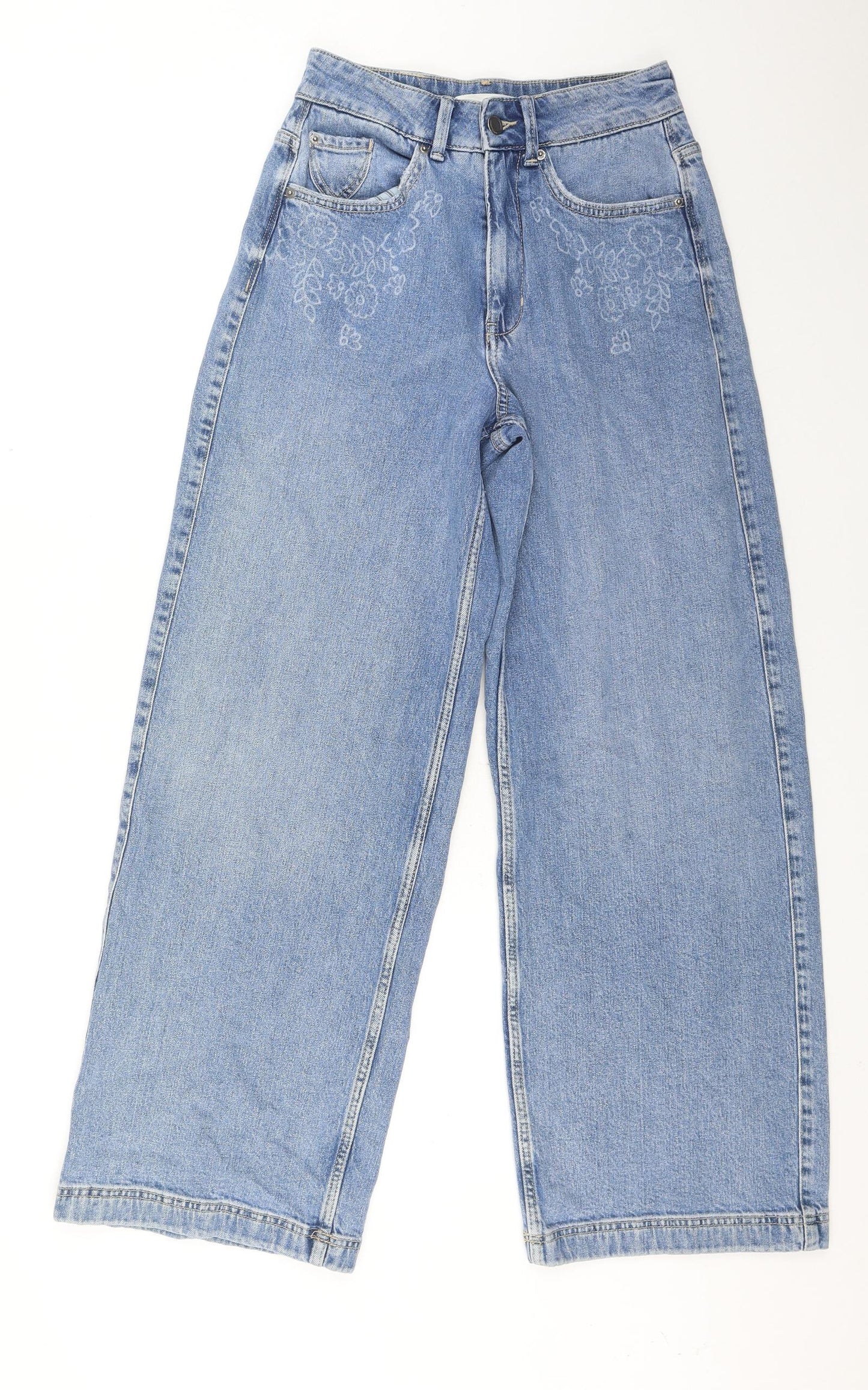 Per Una Womens Blue Cotton Wide-Leg Jeans Size 8 L28 in Regular Button