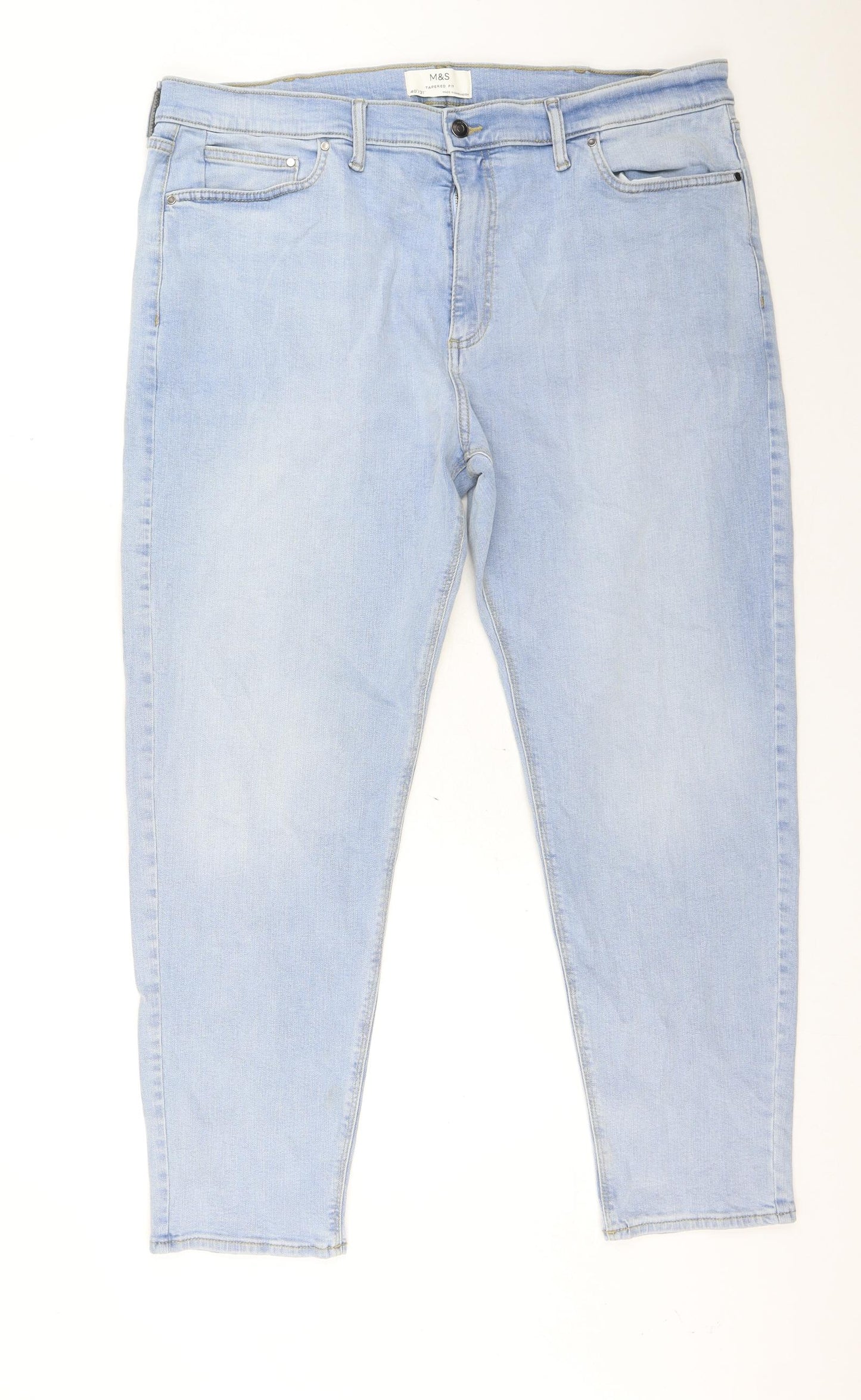 Marks and Spencer Mens Blue Cotton Tapered Jeans Size 40 in L31 in Regular Button