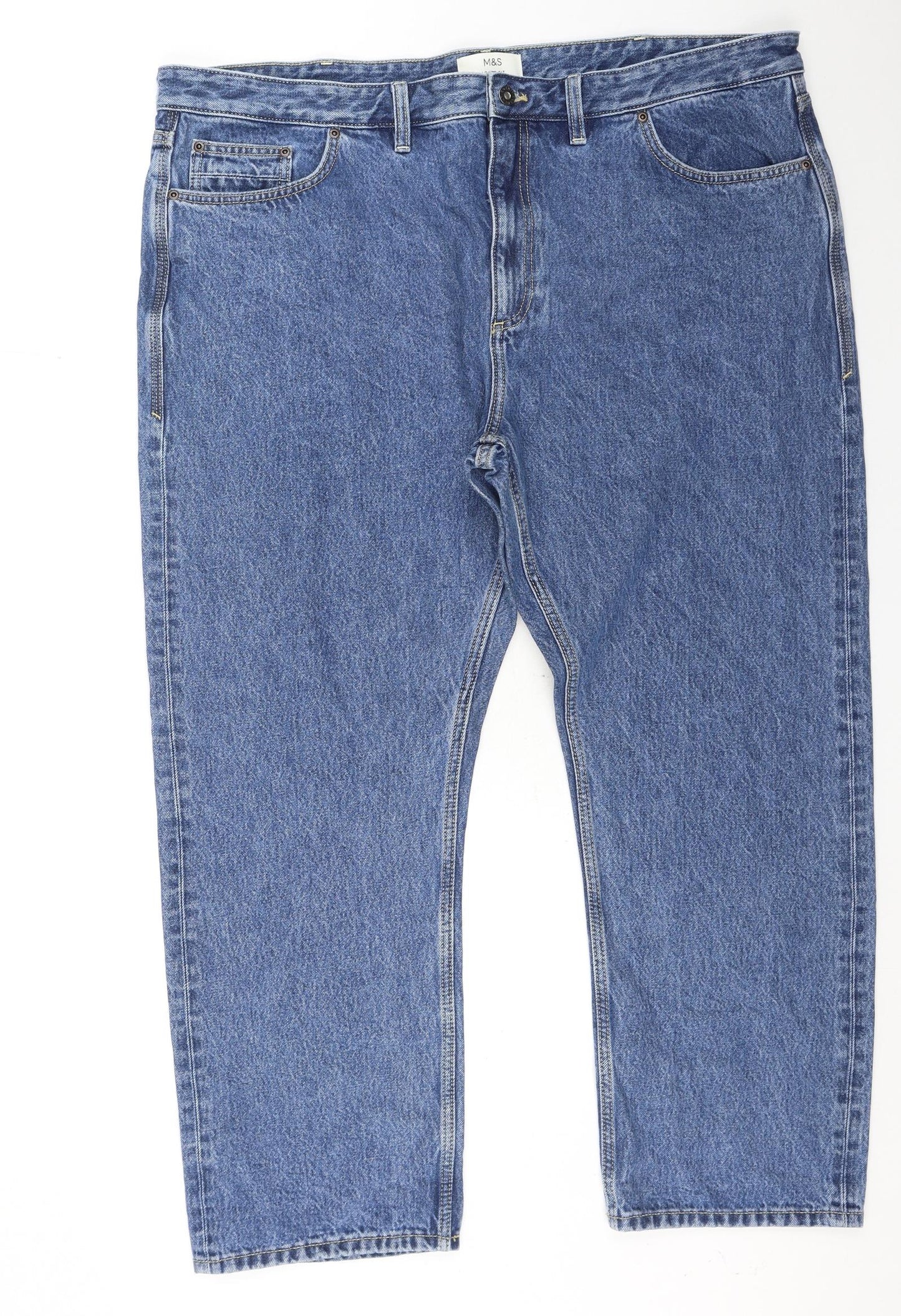 Marks and Spencer Mens Blue Cotton Straight Jeans Size 44 in L31 in Regular Button