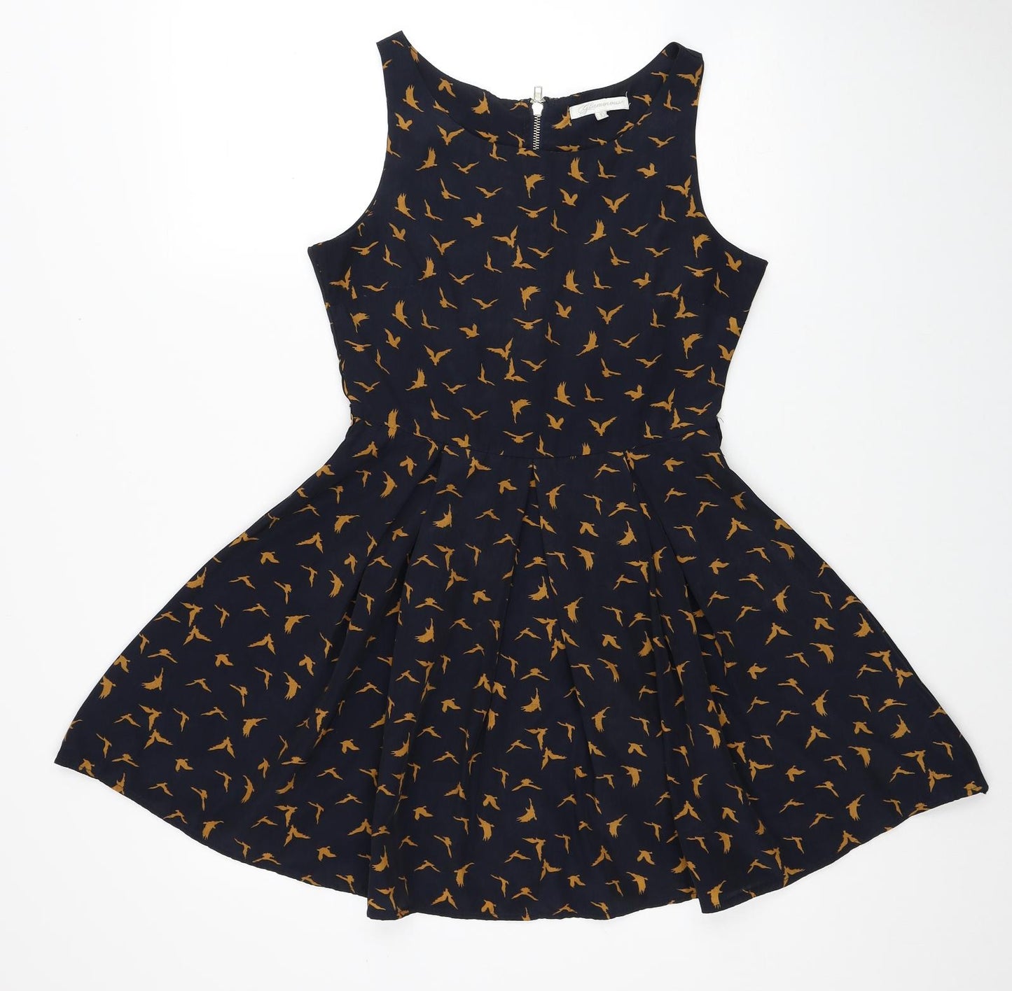 Glamorous Womens Blue Geometric Polyester Skater Dress Size 10 Boat Neck Zip - Bird Print