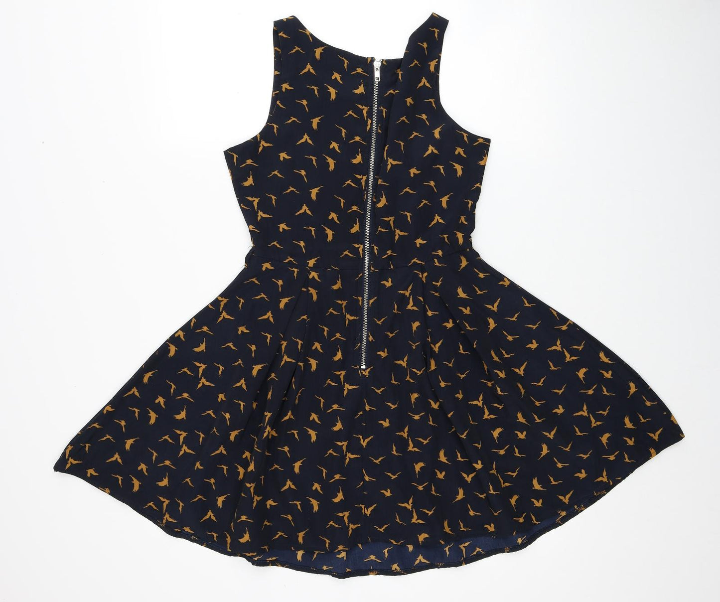Glamorous Womens Blue Geometric Polyester Skater Dress Size 10 Boat Neck Zip - Bird Print