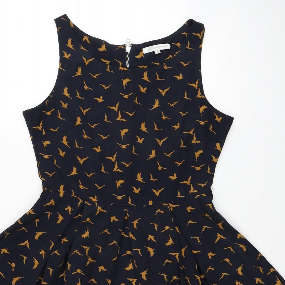 Glamorous Womens Blue Geometric Polyester Skater Dress Size 10 Boat Neck Zip - Bird Print