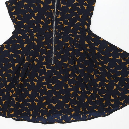 Glamorous Womens Blue Geometric Polyester Skater Dress Size 10 Boat Neck Zip - Bird Print