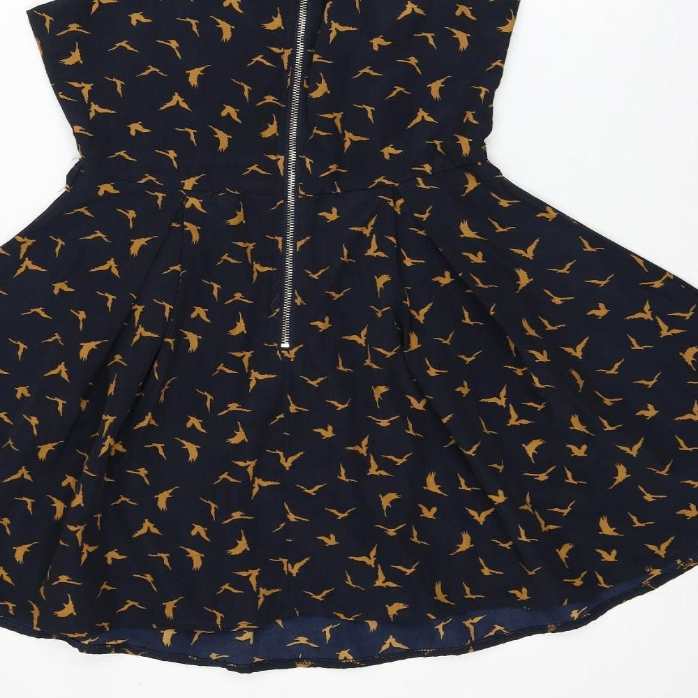 Glamorous Womens Blue Geometric Polyester Skater Dress Size 10 Boat Neck Zip - Bird Print