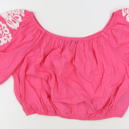 Marks and Spencer Womens Pink 100% Cotton Cropped Blouse Size 16 Scoop Neck