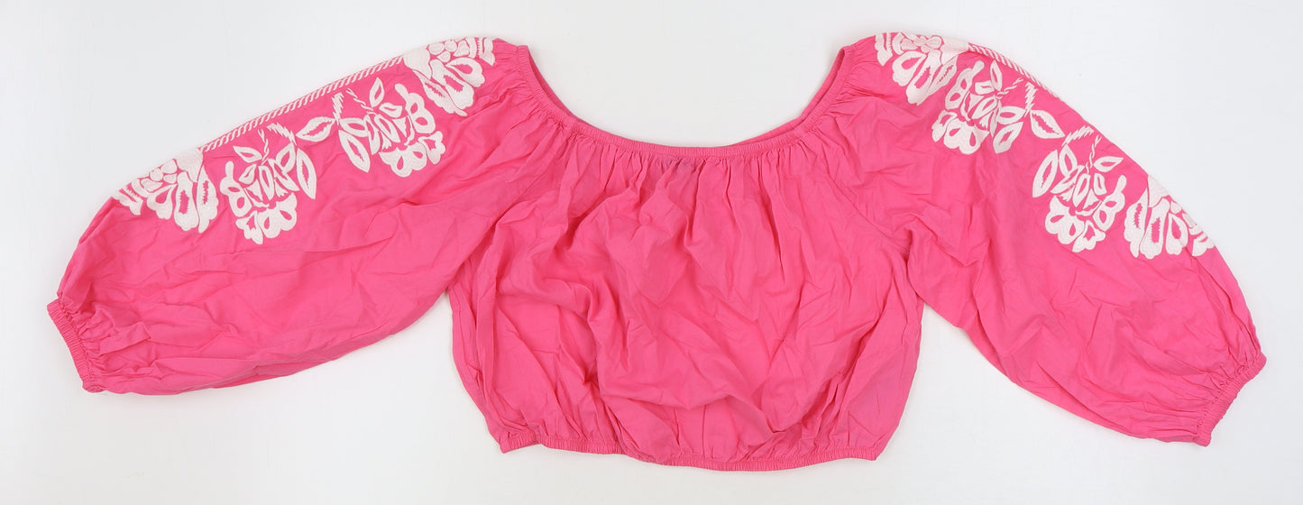 Marks and Spencer Womens Pink 100% Cotton Cropped Blouse Size 16 Scoop Neck