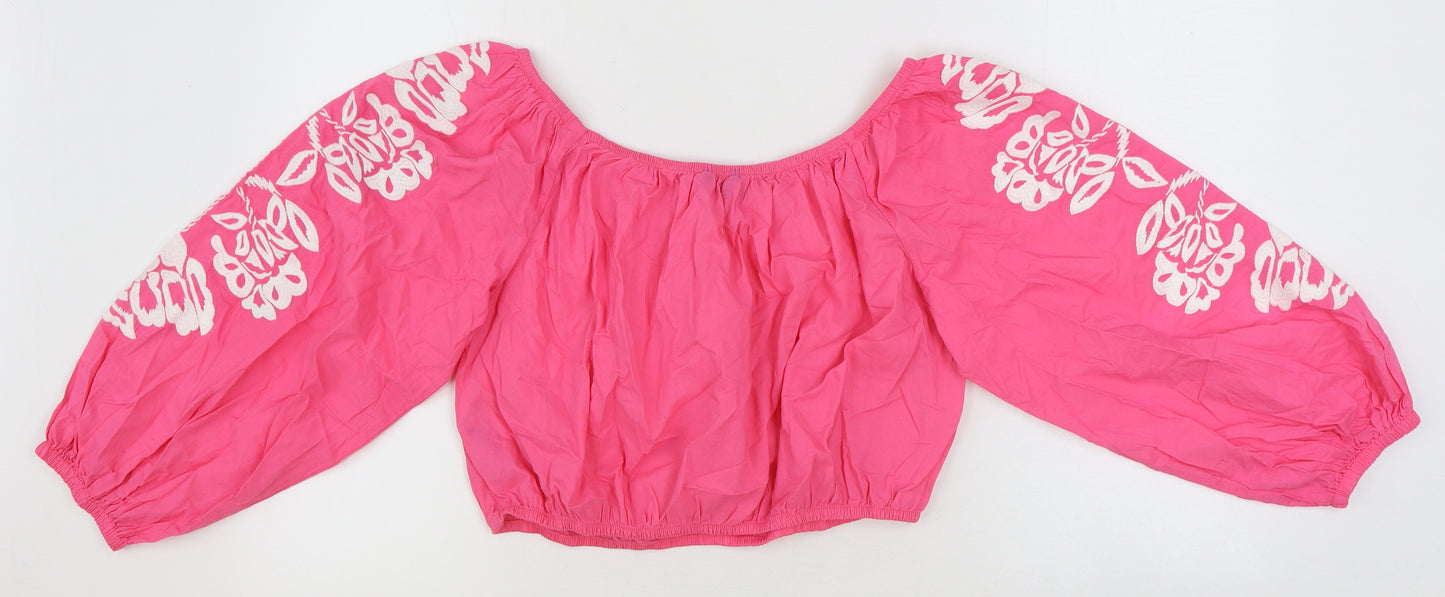 Marks and Spencer Womens Pink 100% Cotton Cropped Blouse Size 16 Scoop Neck