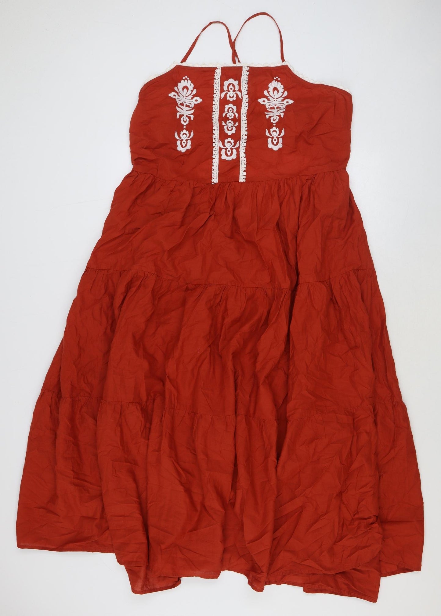 Marks and Spencer Womens Red 100% Cotton Slip Dress Size 24 Square Neck Tie