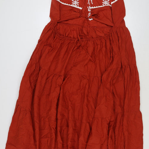Marks and Spencer Womens Red 100% Cotton Slip Dress Size 24 Square Neck Tie