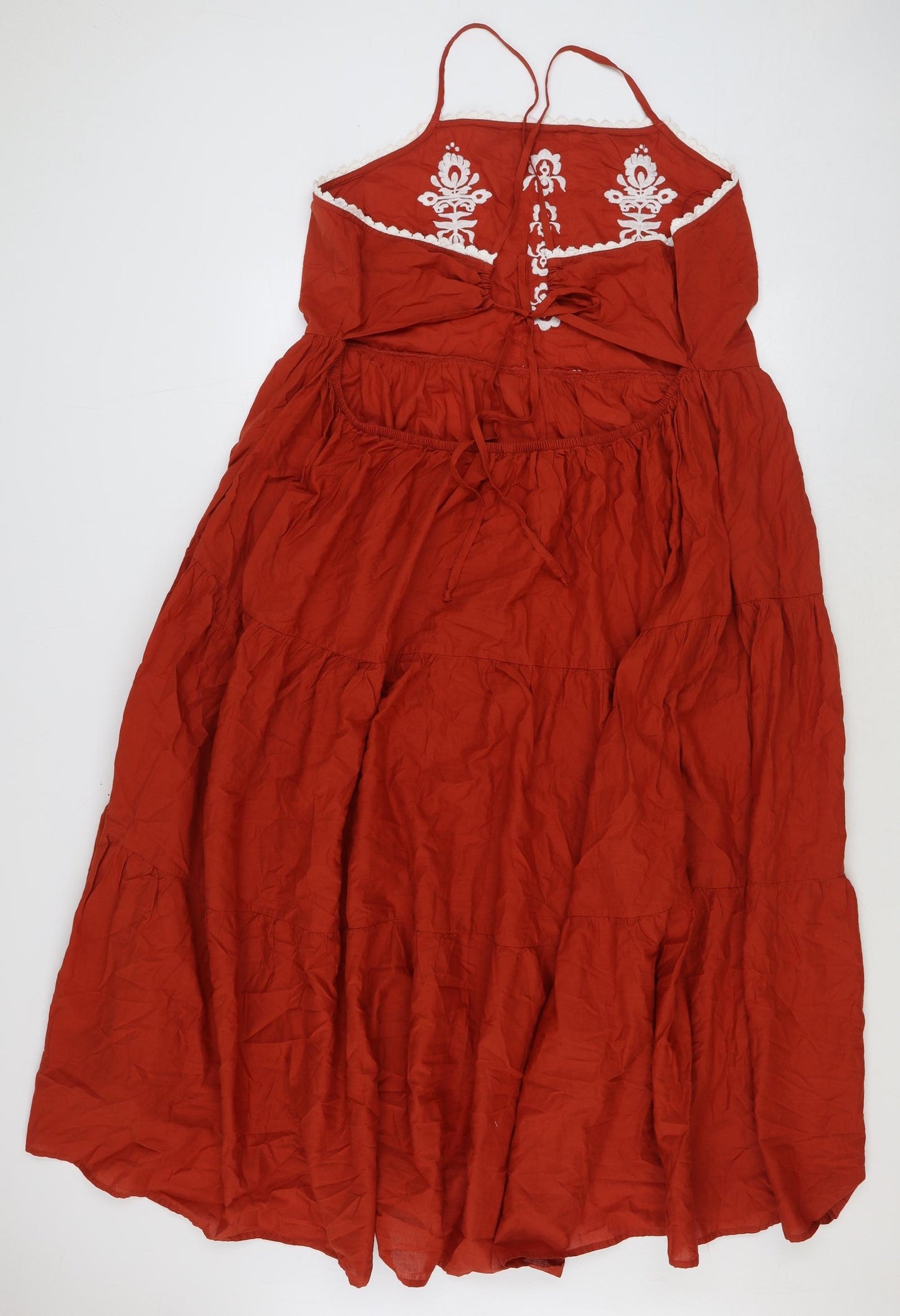 Marks and Spencer Womens Red 100% Cotton Slip Dress Size 24 Square Neck Tie