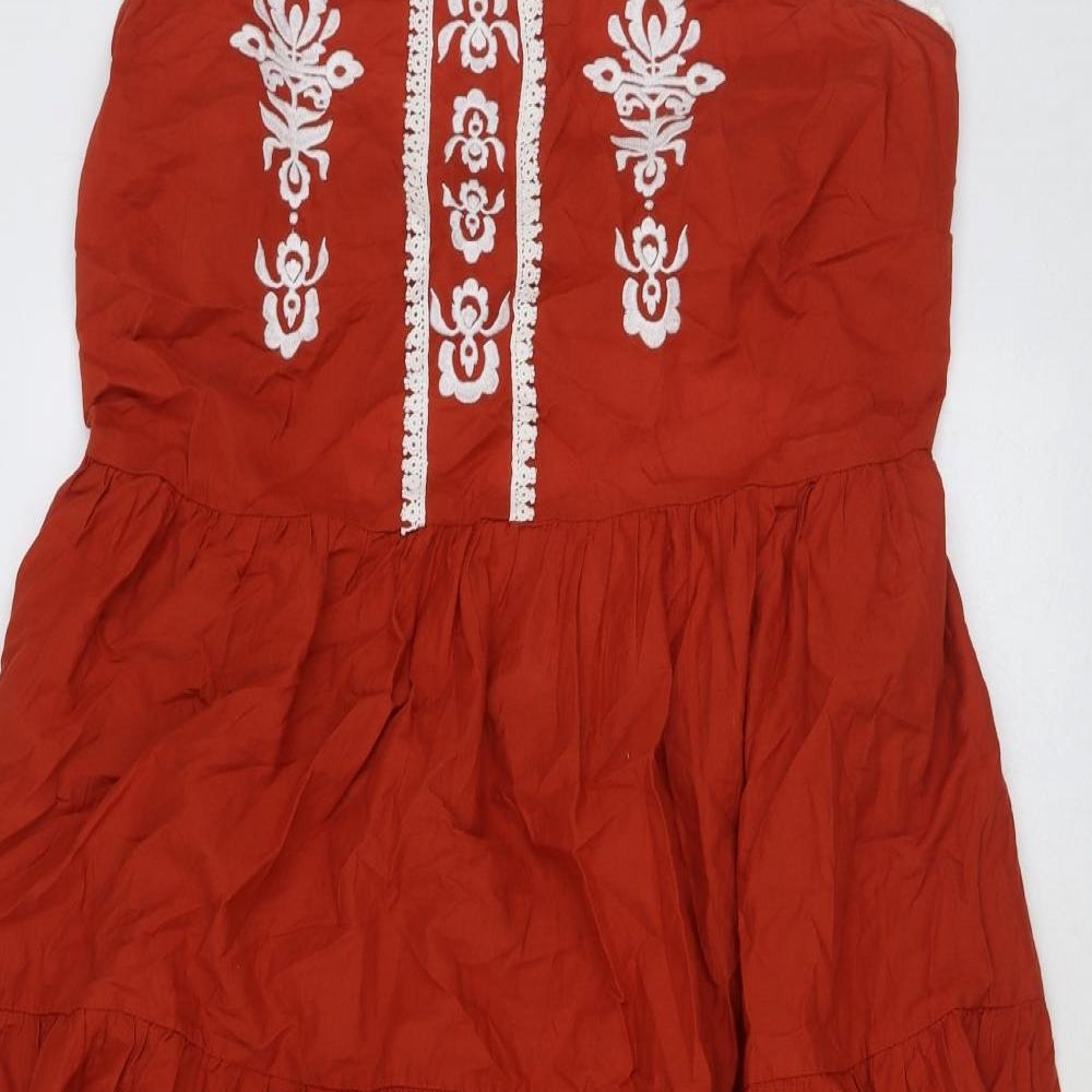 Marks and Spencer Womens Red 100% Cotton Slip Dress Size 24 Square Neck Tie