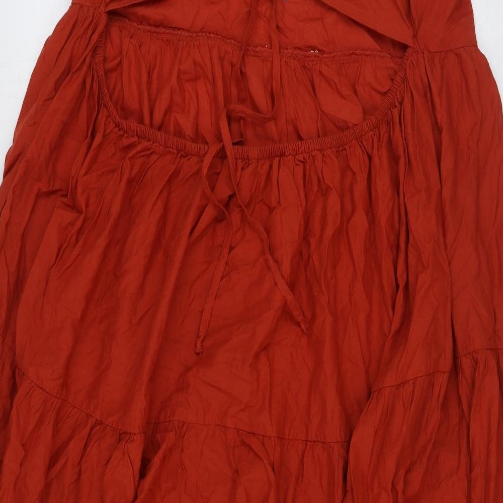 Marks and Spencer Womens Red 100% Cotton Slip Dress Size 24 Square Neck Tie