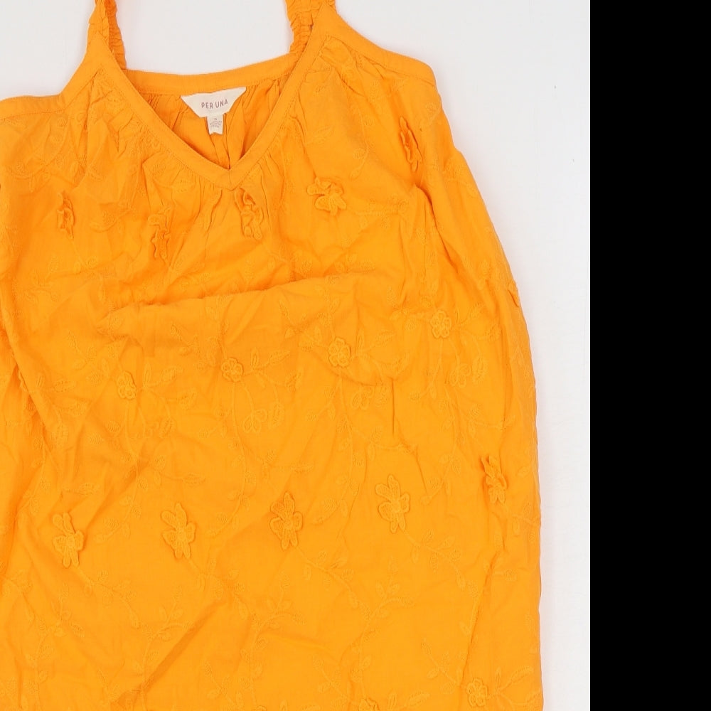 Marks and Spencer Womens Orange 100% Cotton Tank Dress Size 8 V-Neck Pullover - 3D Flowers