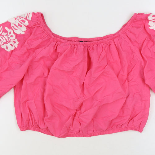 Marks and Spencer Womens Pink Floral 100% Cotton Cropped Blouse Size 18 Off the Shoulder
