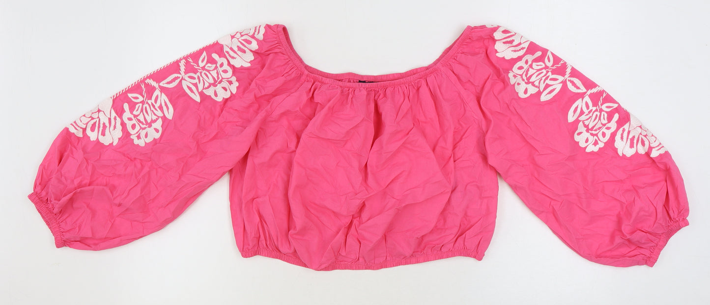 Marks and Spencer Womens Pink Floral 100% Cotton Cropped Blouse Size 18 Off the Shoulder