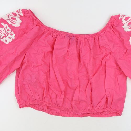 Marks and Spencer Womens Pink Floral 100% Cotton Cropped Blouse Size 18 Off the Shoulder