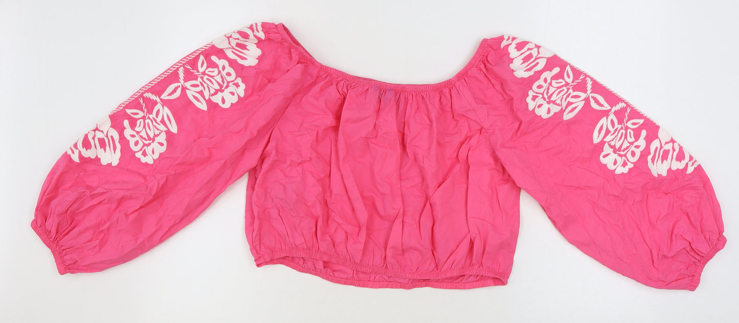 Marks and Spencer Womens Pink Floral 100% Cotton Cropped Blouse Size 18 Off the Shoulder