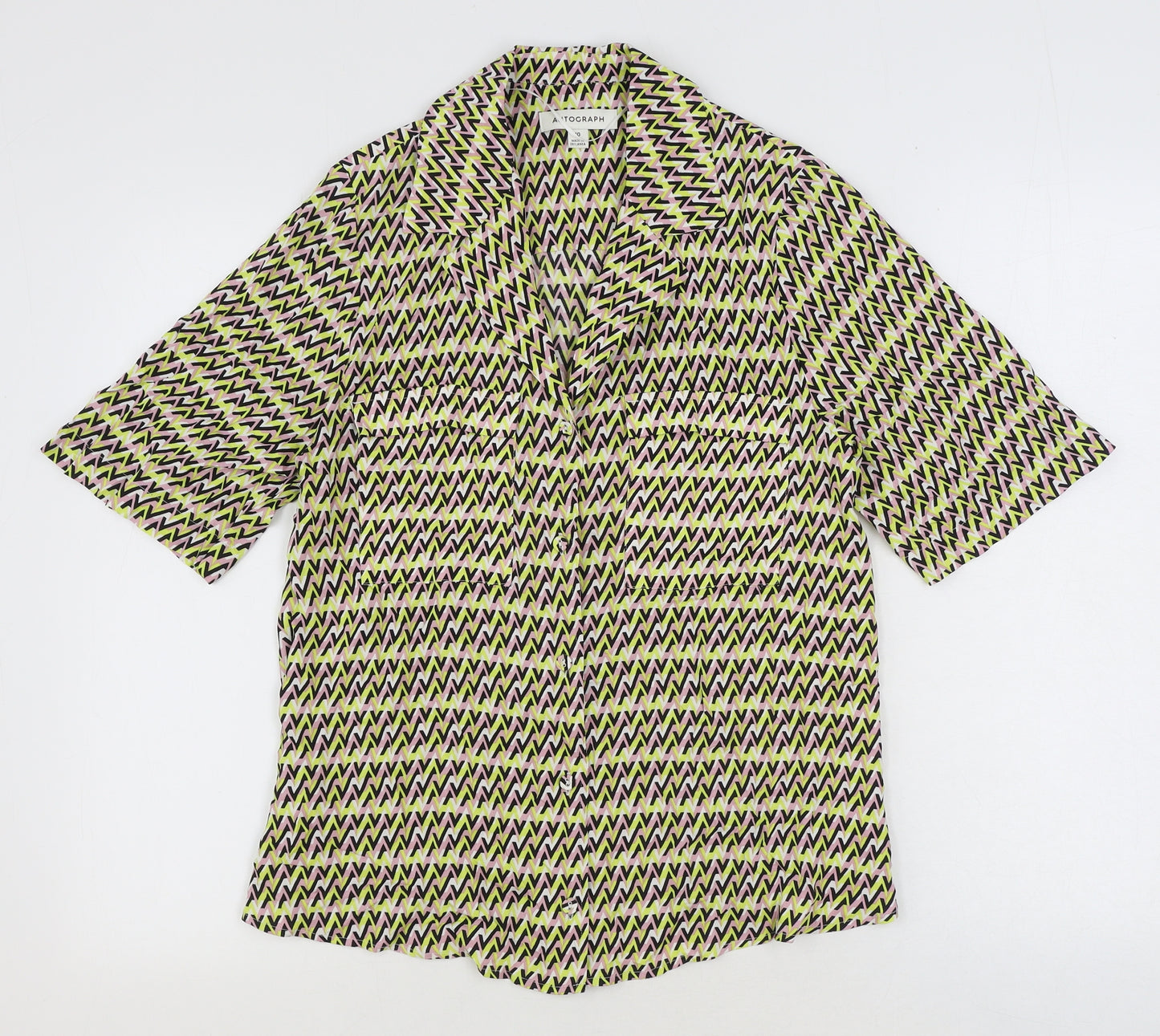 Marks and Spencer Womens Multicoloured Geometric Viscose Basic Button-Up Size 10 V-Neck