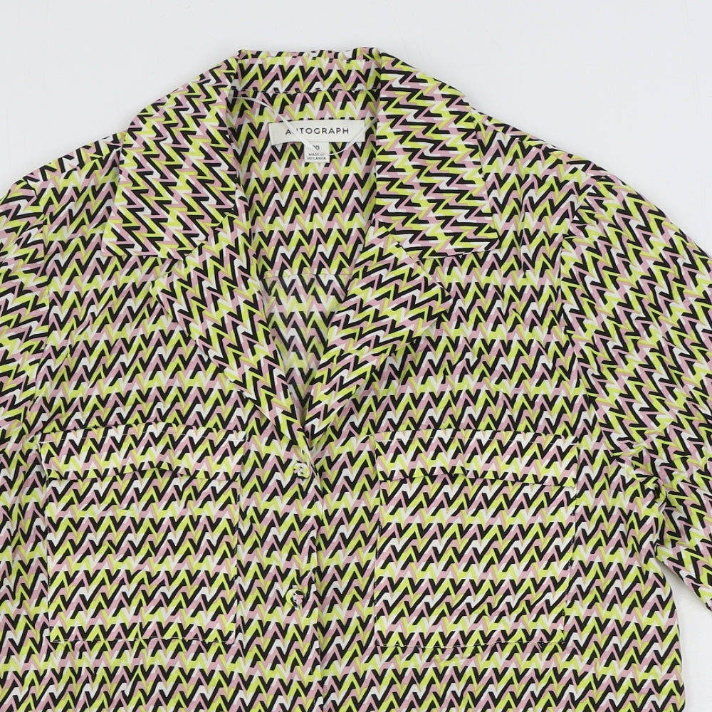 Marks and Spencer Womens Multicoloured Geometric Viscose Basic Button-Up Size 10 V-Neck
