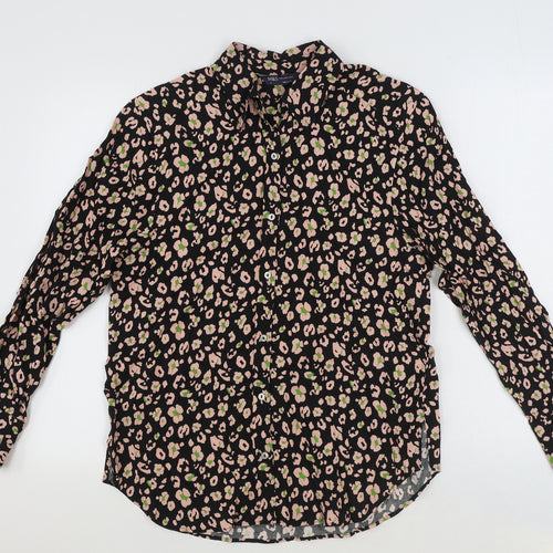 Marks and Spencer Womens Black Animal Print Viscose Basic Button-Up Size 10 Collared