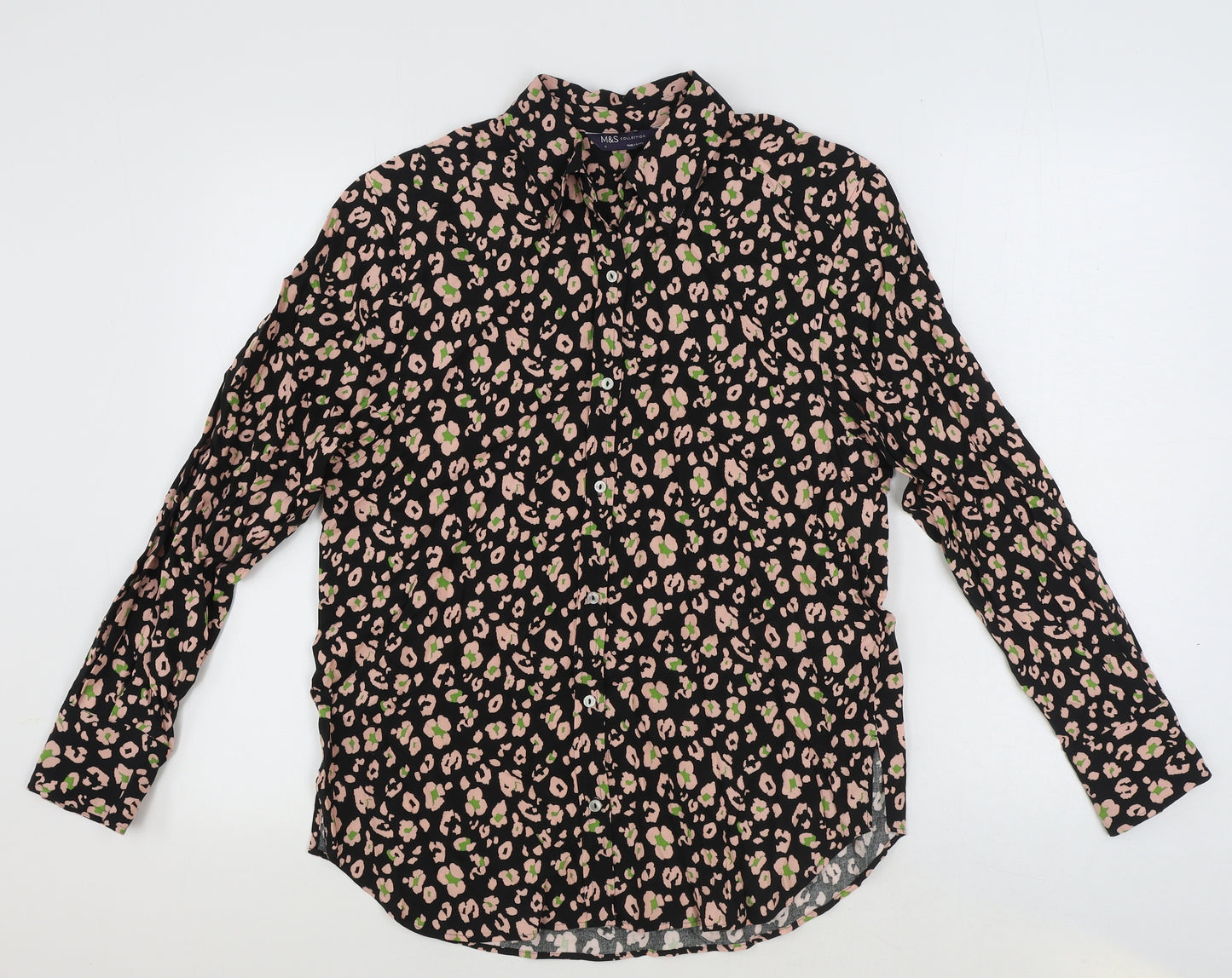 Marks and Spencer Womens Black Animal Print Viscose Basic Button-Up Size 10 Collared