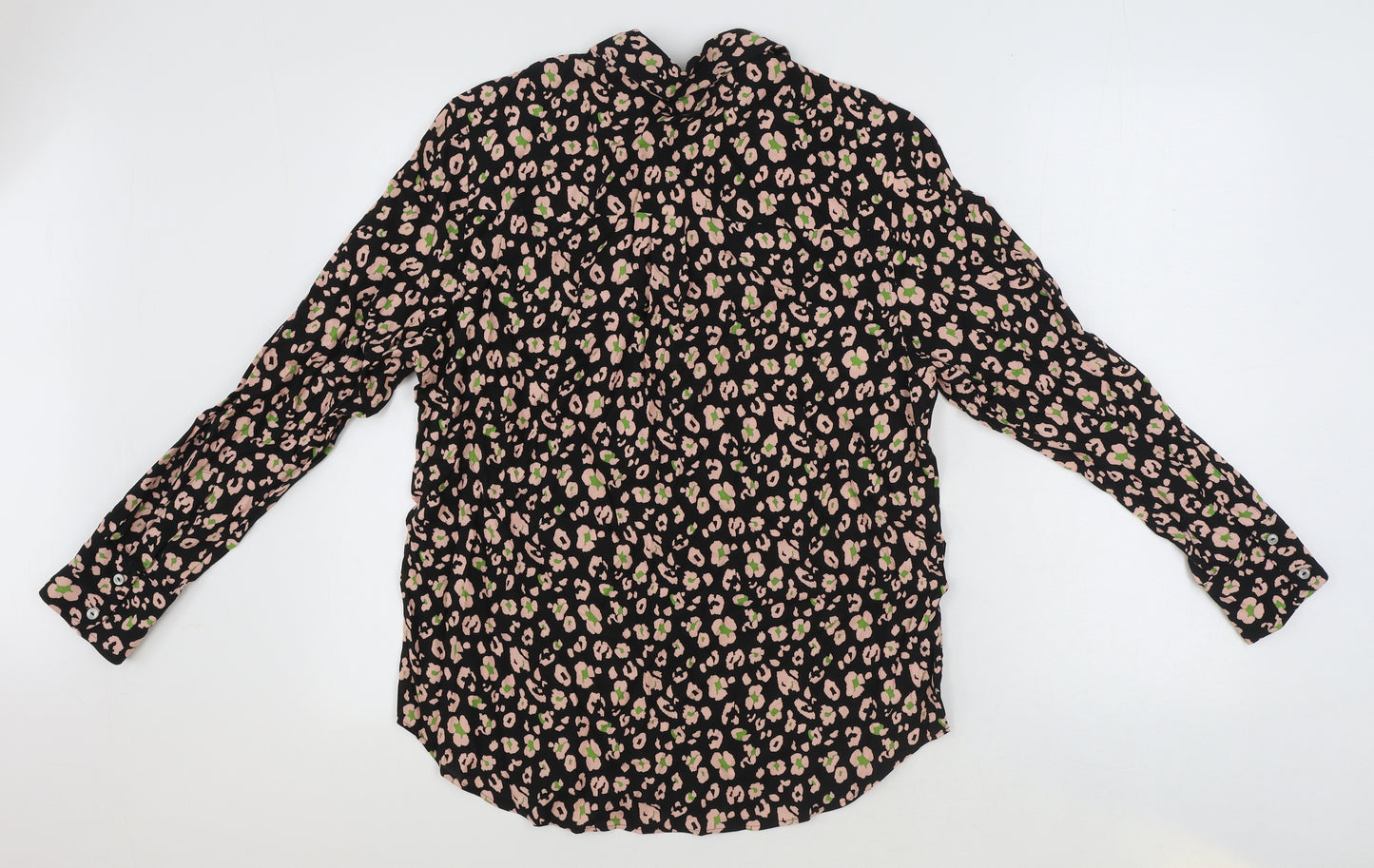Marks and Spencer Womens Black Animal Print Viscose Basic Button-Up Size 10 Collared