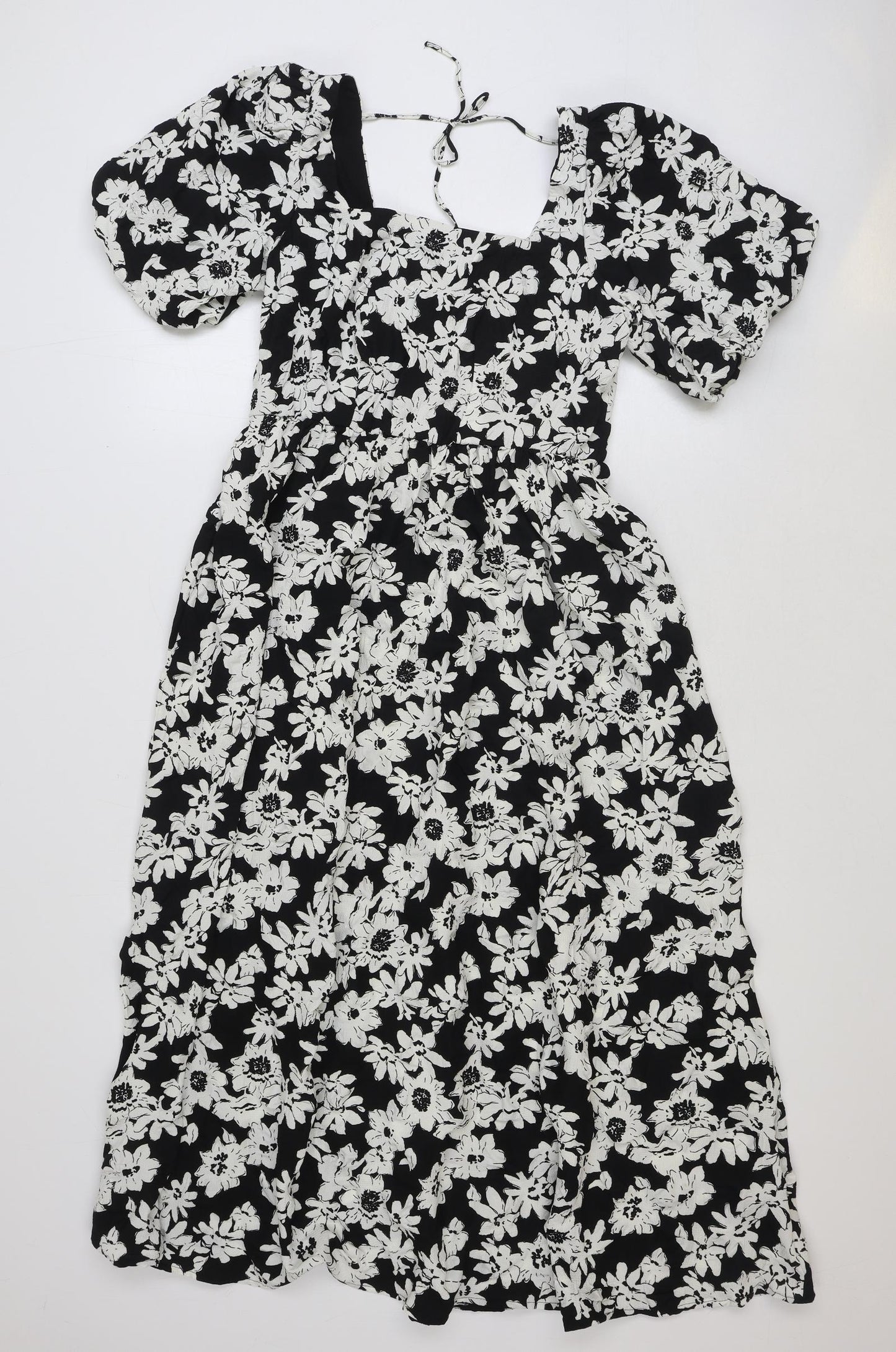 Marks and Spencer Womens Black Floral Polyester A-Line Size 8 Square Neck Pullover