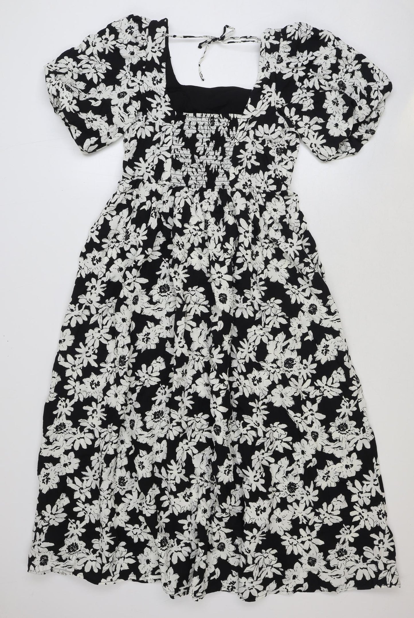 Marks and Spencer Womens Black Floral Polyester A-Line Size 8 Square Neck Pullover