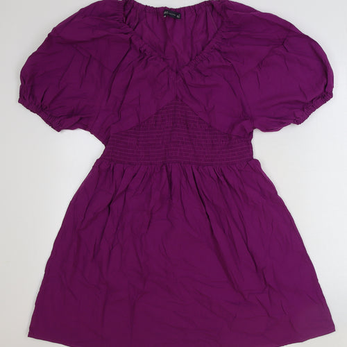 Marks and Spencer Womens Purple 100% Cotton Skater Dress Size 14 V-Neck Pullover