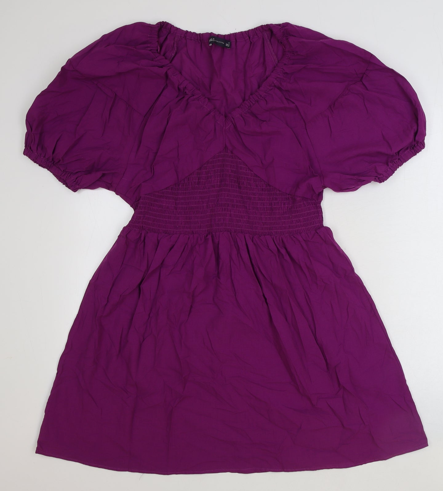 Marks and Spencer Womens Purple 100% Cotton Skater Dress Size 14 V-Neck Pullover
