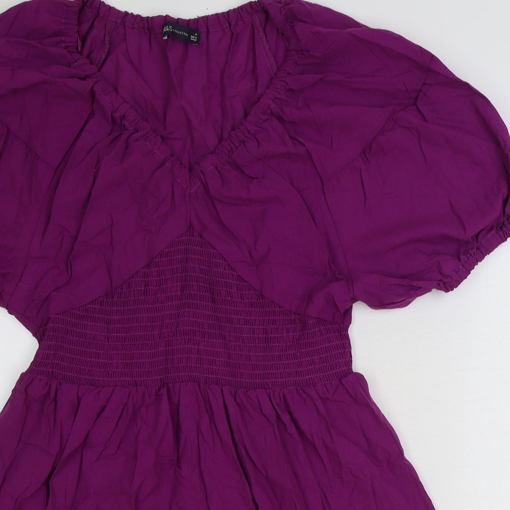 Marks and Spencer Womens Purple 100% Cotton Skater Dress Size 14 V-Neck Pullover