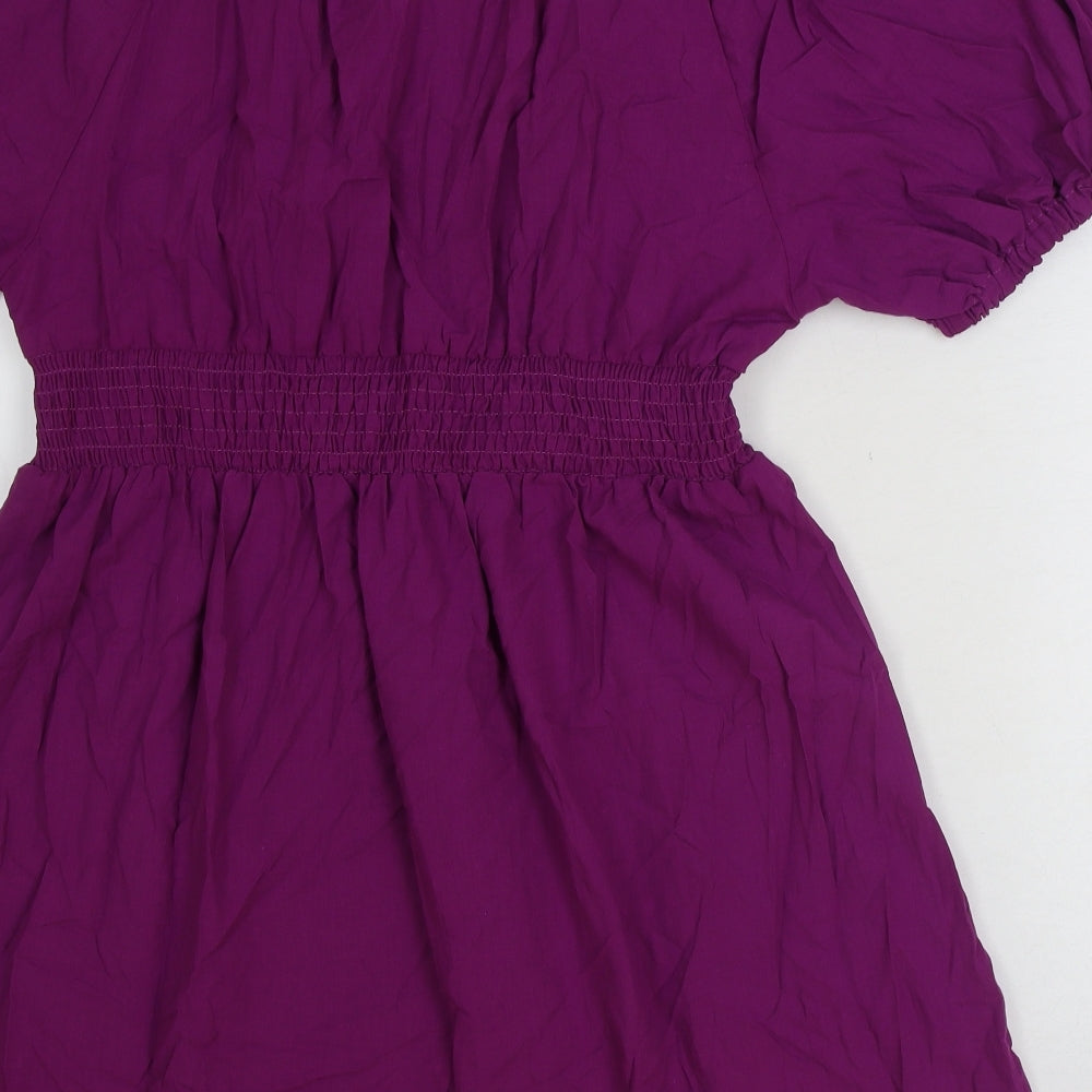 Marks and Spencer Womens Purple 100% Cotton Skater Dress Size 14 V-Neck Pullover