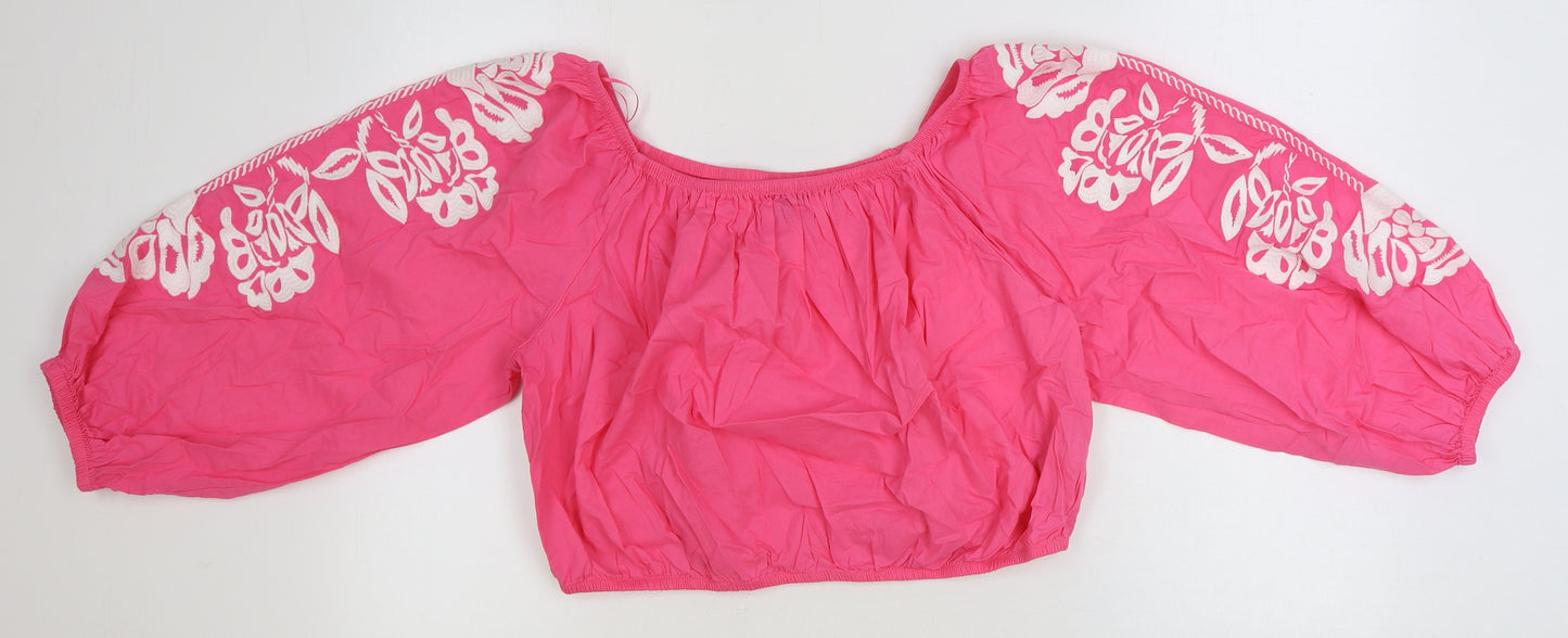 Marks and Spencer Womens Pink Floral 100% Cotton Cropped Blouse Size 20 Off the Shoulder