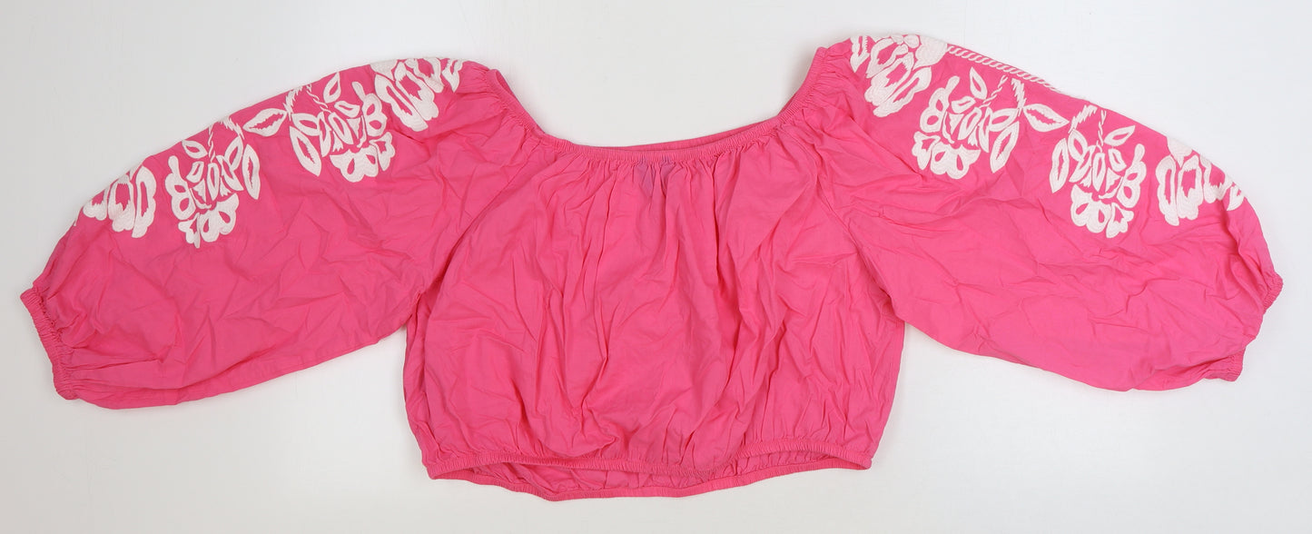 Marks and Spencer Womens Pink Floral 100% Cotton Cropped Blouse Size 20 Off the Shoulder