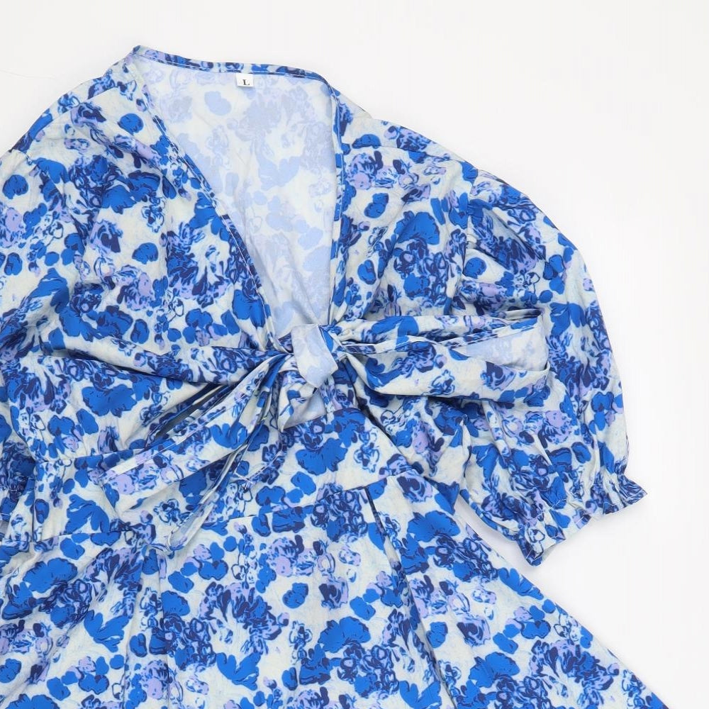 SheIn Womens Blue Geometric Polyester Fit & Flare Size L V-Neck Zip