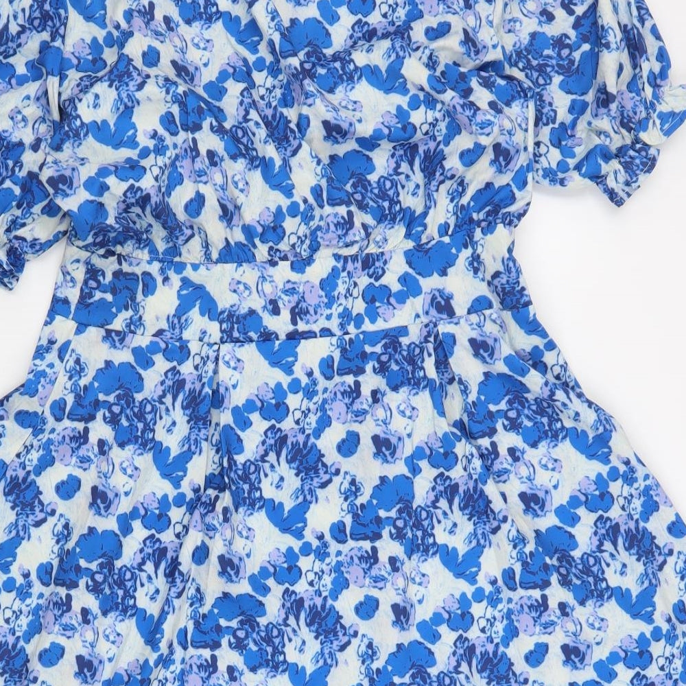 SheIn Womens Blue Geometric Polyester Fit & Flare Size L V-Neck Zip