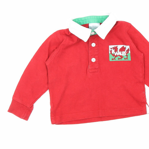 Baby Boys Red 100% Cotton Basic Button-Up Size 12 Months Round Neck Button - Welsh Flag