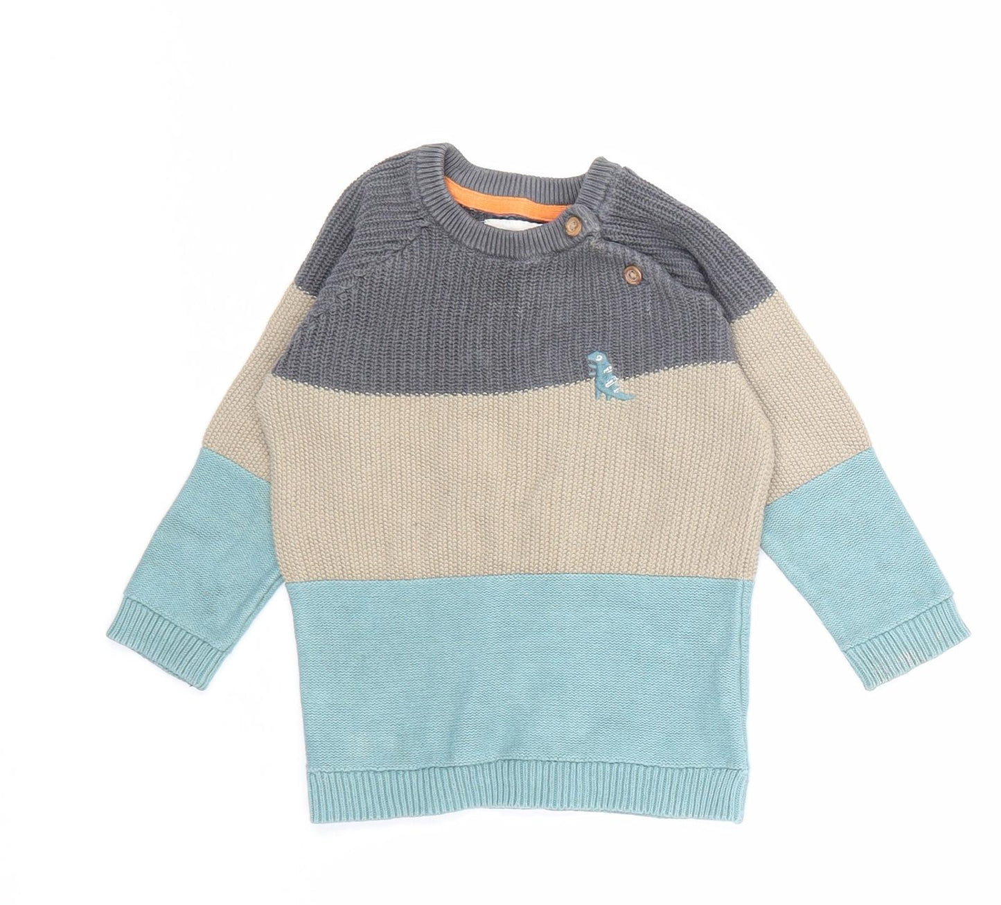 F&F Boys Multicoloured Striped 100% Cotton Pullover Jumper Size 9-12 Months Button