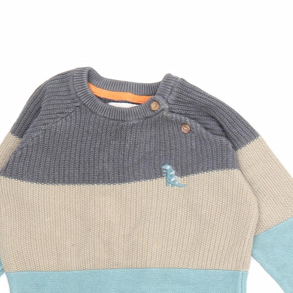 F&F Boys Multicoloured Striped 100% Cotton Pullover Jumper Size 9-12 Months Button