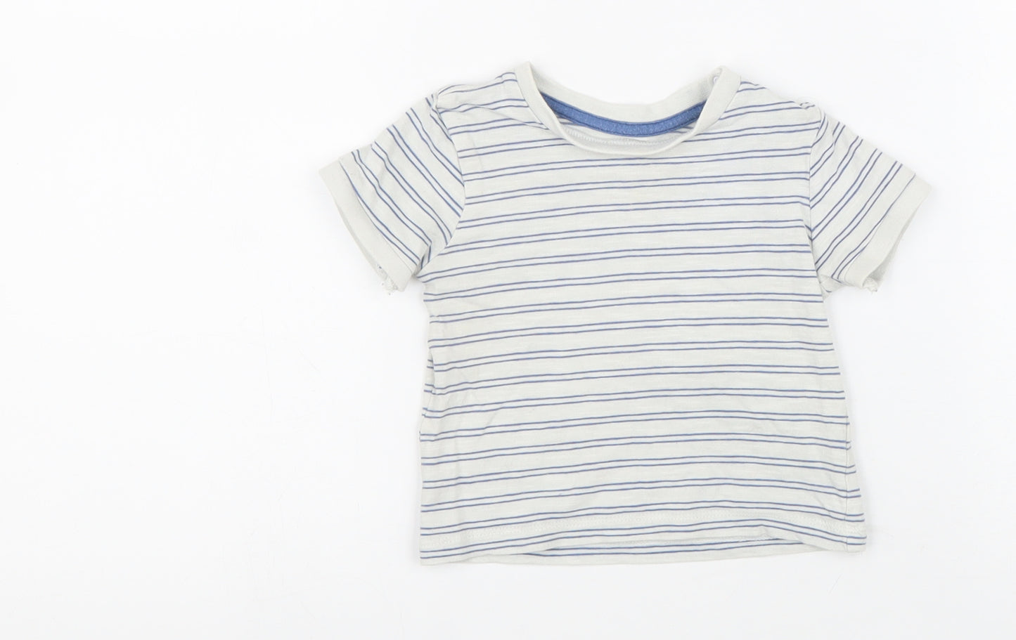 Preworn Boys White Striped 100% Cotton Basic T-Shirt Size 6-9 Months Round Neck Button