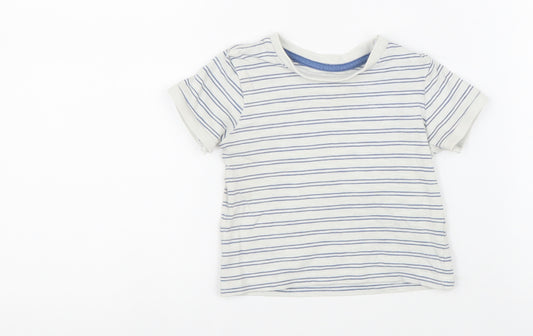Front view of Preworn boys’ white striped 100% cotton basic t-shirt, size 6-9, months round neck button