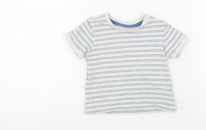 Preworn Boys White Striped 100% Cotton Basic T-Shirt Size 6-9 Months Round Neck Button