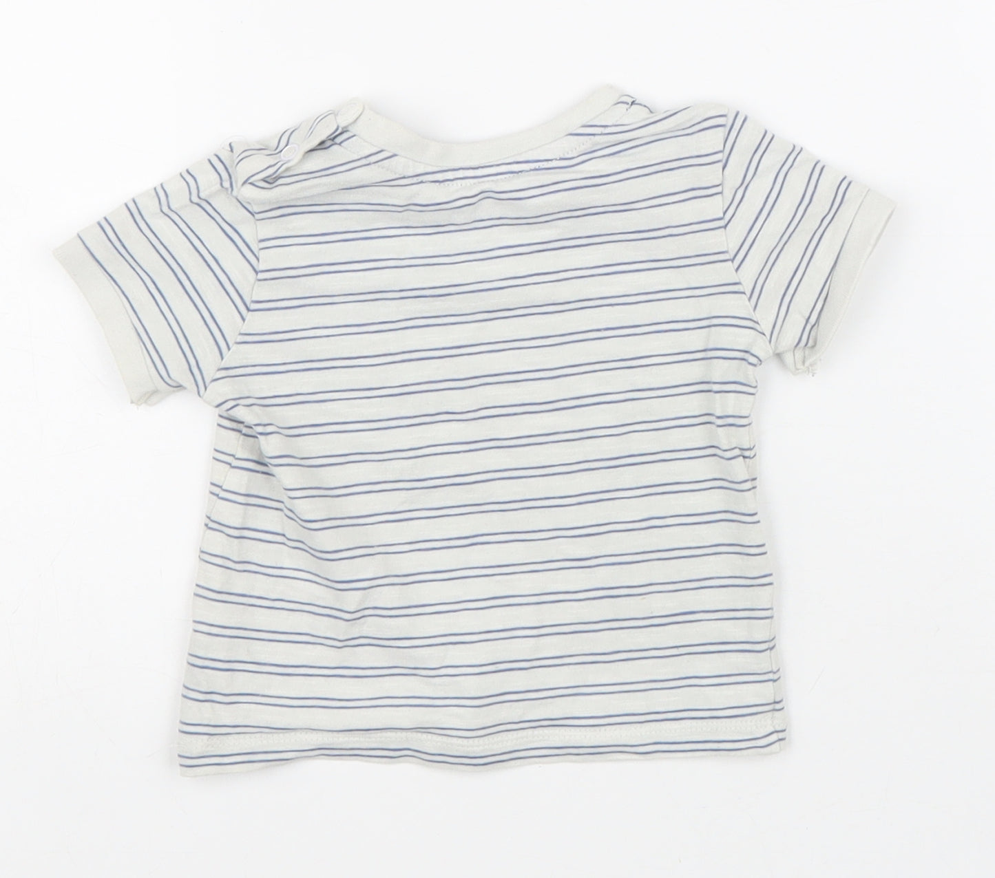 Preworn Boys White Striped 100% Cotton Basic T-Shirt Size 6-9 Months Round Neck Button