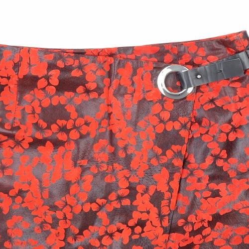 Topshop Womens Red Geometric Leather A-Line Skirt Size 10 Zip