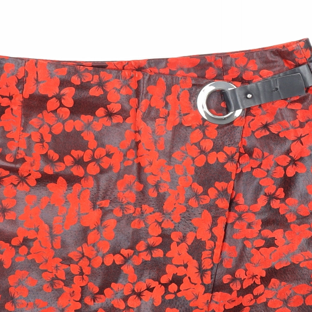 Topshop Womens Red Geometric Leather A-Line Skirt Size 10 Zip