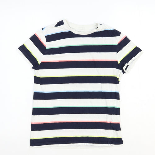 Marks and Spencer Boys White Striped Cotton Basic T-Shirt Size 12-13 Years Round Neck Pullover