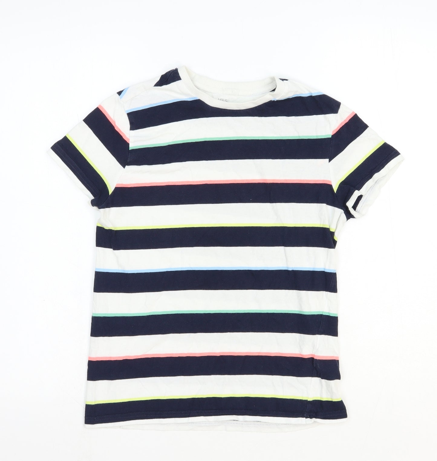 Marks and Spencer Boys White Striped Cotton Basic T-Shirt Size 12-13 Years Round Neck Pullover